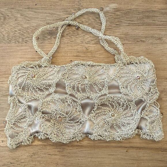Vintage Lisa Toland Handmade crochet beige beaded purse, gorgeous, dainty Evenin - Picture 4 of 6
